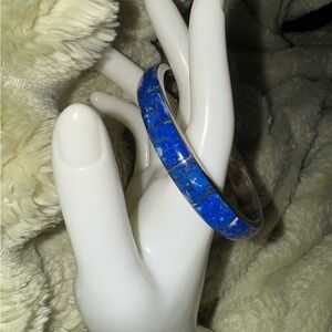 Vintage Heavy Sterling Silver 950 Lapis Lazuli Inlay Bangle Bracelet -  Rare